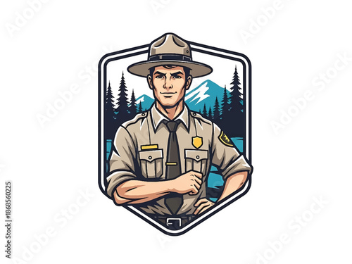 Vintage pin-up style male park ranger vector illustration in uniform, confident stance, flat solid colors, clean outlines, forest landscape background, nature logo badge, poster ready