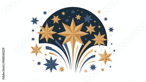 A vibrant vector graphic illustration of a starry night sky with golden and blue stars exploding in a semicircle design