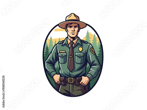 Vintage pin-up style male park ranger vector illustration in uniform, confident stance, flat solid colors, clean outlines, forest landscape background, nature logo badge, poster ready