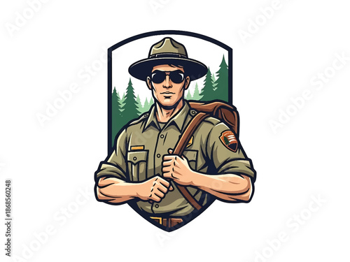 Vintage pin-up style male park ranger vector illustration in uniform, confident stance, flat solid colors, clean outlines, forest landscape background, nature logo badge, poster ready