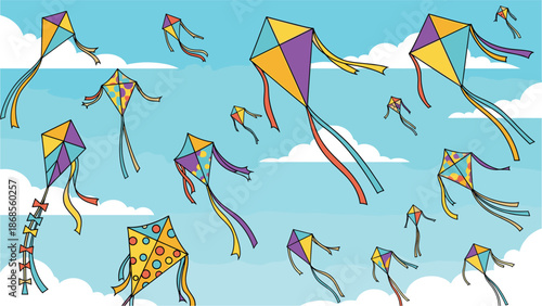 A colorful illustration of kites flying in the sky with clouds