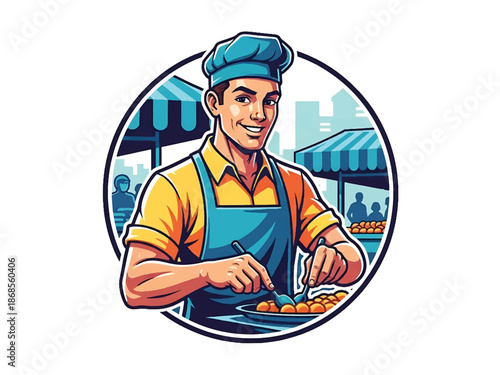 Vintage pin-up style male street vendor vector illustration serving food at market stall, friendly expression, flat solid colors, clean outlines, food cart logo badge, poster ready