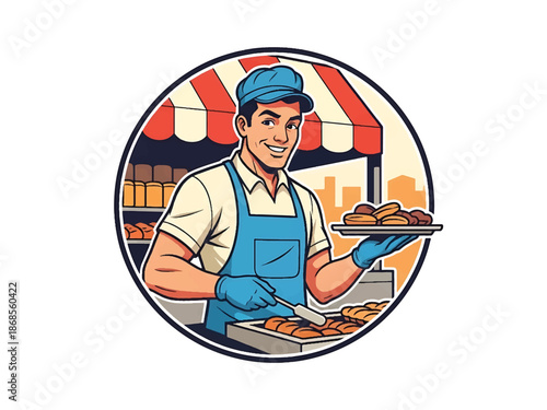 Vintage pin-up style male street vendor vector illustration serving food at market stall, friendly expression, flat solid colors, clean outlines, food cart logo badge, poster ready
