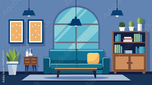 Cozy living room with blue sofa Vector
