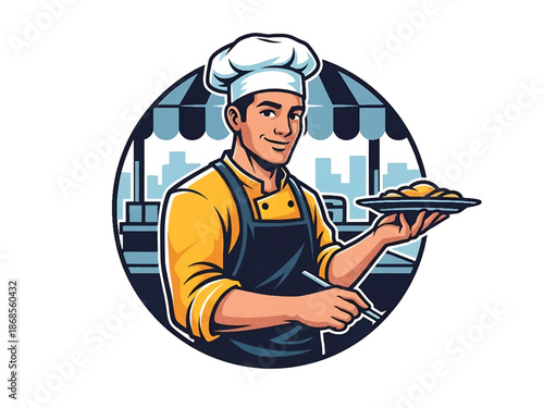 Vintage pin-up style male street vendor vector illustration serving food at market stall, friendly expression, flat solid colors, clean outlines, food cart logo badge, poster ready