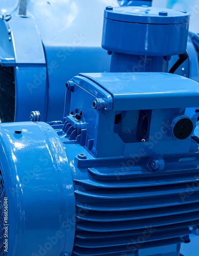 Close-up shows bright blue machinery with fins and angular forms, accented by metallic fasteners and structural components