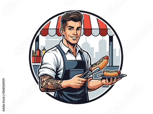 Vintage pin-up style male street vendor vector illustration serving food at market stall, friendly expression, flat solid colors, clean outlines, food cart logo badge, poster ready