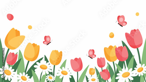 Colorful illustration of tulips and daisies with butterflies on a white background in a flat floral arrangement.