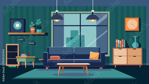 Modern living room with blue sofa Vector