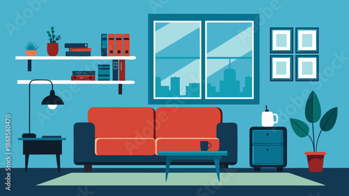 Modern living room with red sofa Vector