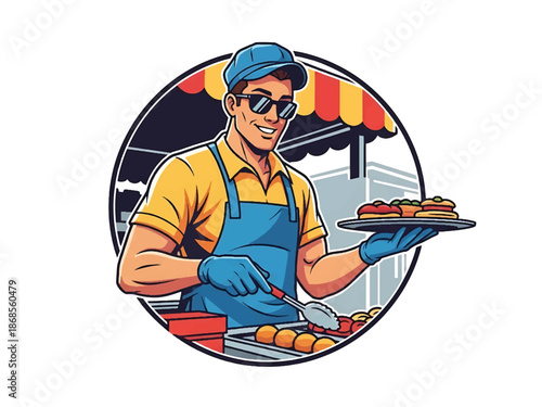 Vintage pin-up style male street vendor vector illustration serving food at market stall, friendly expression, flat solid colors, clean outlines, food cart logo badge, poster ready