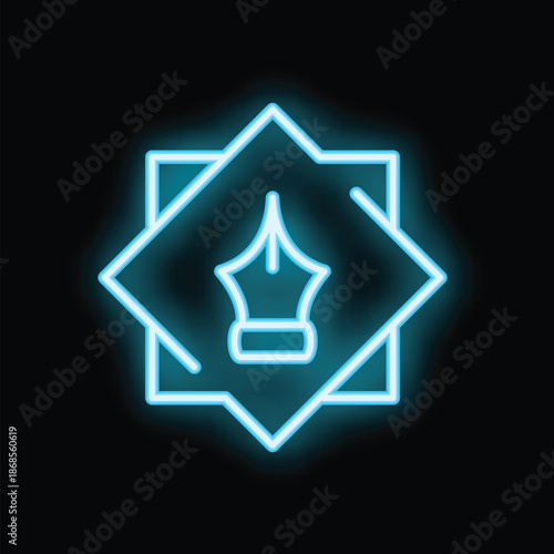 Blue neon sign representing a fountain pen nib, a symbol of writing, creativity, and elegance, glowing brightly against a dark background