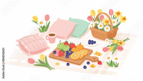 Flat lay illustration of a picnic setup with a wicker basket, cutting board with fruit, and scattered flowers on a blanket.