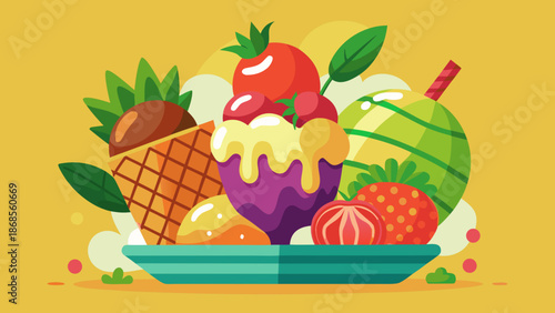 Colorful fruit ice cream sundae Vector