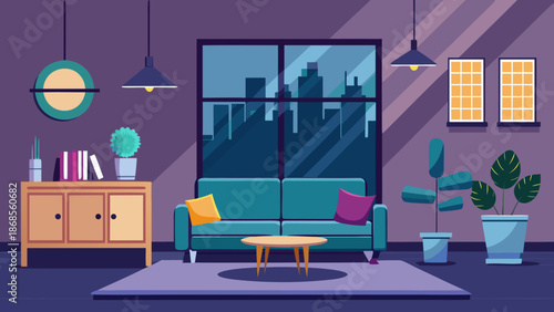 Modern living room with city view Vector
