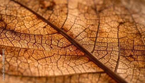 Close-up shows detailed, dried, brown leaf veins and structure against a warm, blurry background