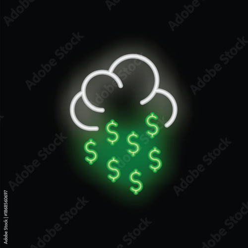 Green neon sign depicting dollar signs falling from a white cloud symbolizing raining money