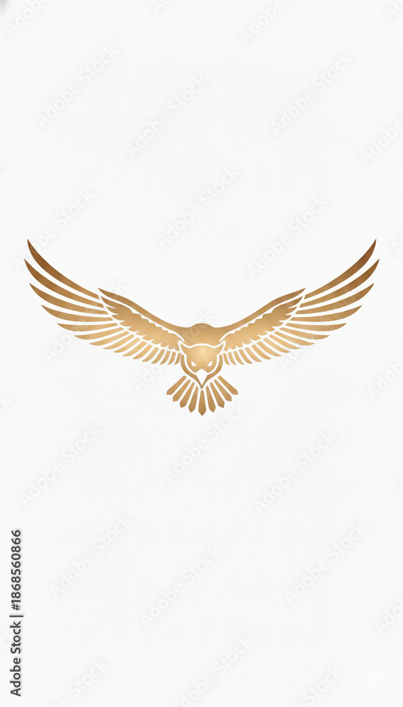 Obraz premium Golden eagle logo with spread wings in minimalist style, isolated on a pure white background. Ideal for branding, luxury logos, corporate identity, security, strength, and leadership concepts.
