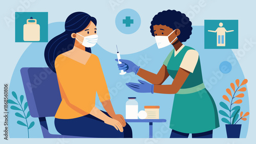 Woman receiving vaccine from healthcare professional Vector