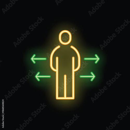 Neon sign depicting a person standing with arms at their sides as four arrows point in opposite directions, symbolizing pressure and indecision