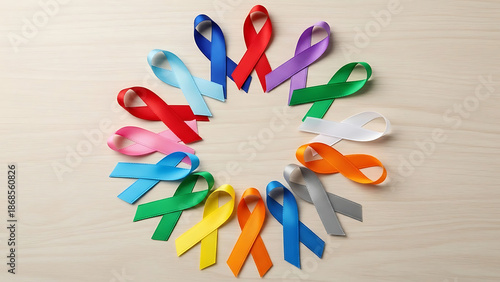 Colorful awareness ribbons in a circle