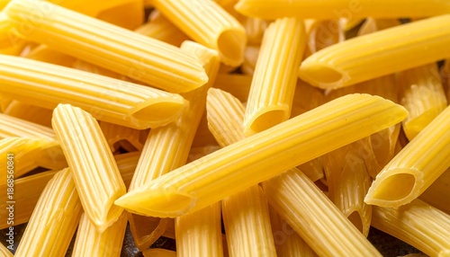 Close-up shows pile of yellow, tube-shaped, ribbed pasta ready to be cooked for a tasty and simple meal