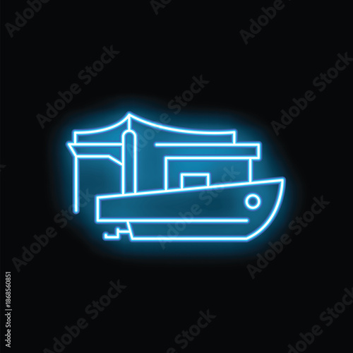 Bright blue neon icon of a fishing boat with nets out on dark background