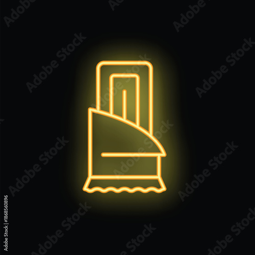 Glowing yellow neon sign of chocolate bar with open wrapping foil on black background