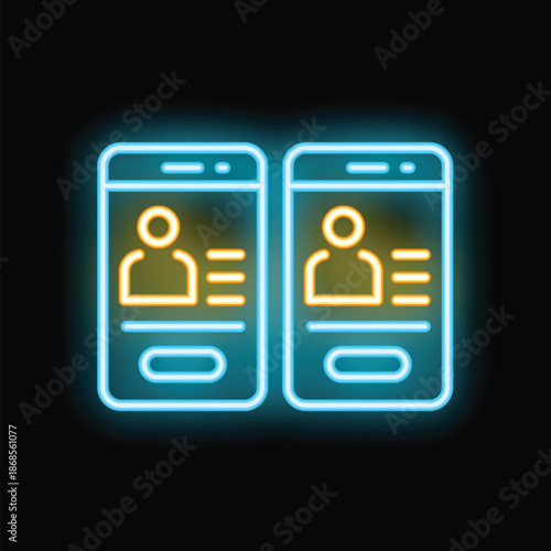 Two smartphones with user profile interface glowing on screen with blue and yellow neon light