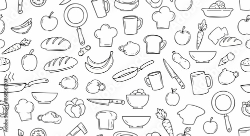 Hand drawn kitchen utensils and food seamless pattern doodle style.