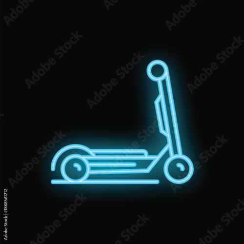 Blue neon sign icon of an electric scooter representing personal mobility devices for urban transportation