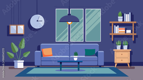 Modern living room with blue sofa Vector