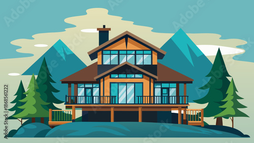 Mountain lodge with pine trees Vector