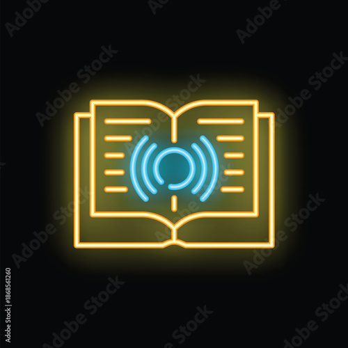 Neon glowing icon of an open book with sound waves coming from its pages, depicting an audiobook