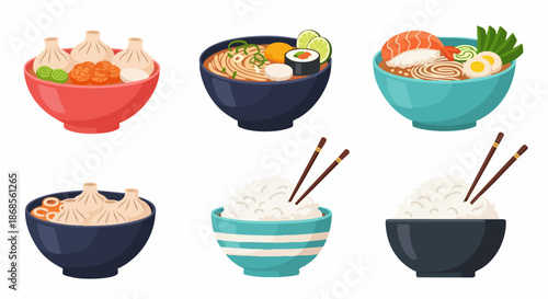 Various Asian Cuisine Dishes in Bowls with Chopsticks.