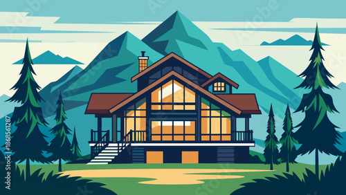 Mountain lodge in serene forest Vector