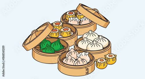 Delicious assortment of dim sum steamed in bamboo baskets ready to eat.