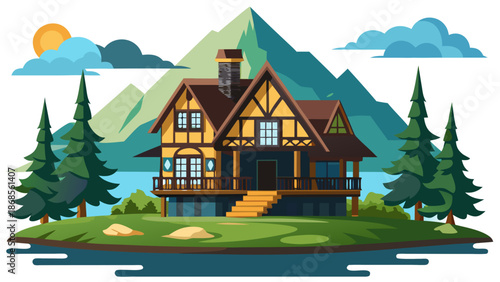 Cozy cabin nestled in the mountains Vector