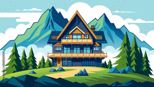 Mountain lodge nestled in forest Vector