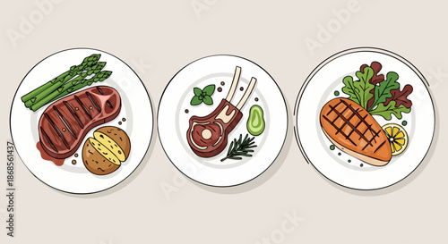 Three Plates of Gourmet Meals - Steak, Lamb Chops, and Salmon.