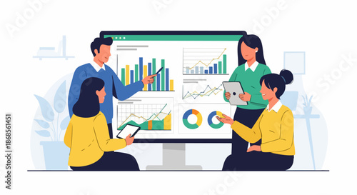 Business team analyzing data and financial reports on a large screen.