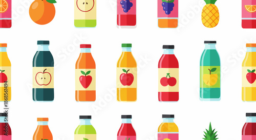 Colorful fruit juice bottles in a vibrant pattern.