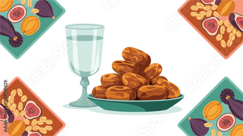 A vibrant illustration of dates and water for a healthy snack