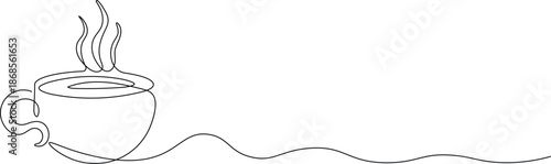 Single continuous line hot coffee cup with steam illustration vector design