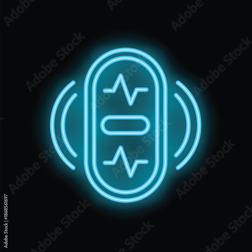 Bright blue neon icon of a fitness tracker recording heart rate data on a black background