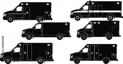 Ambulance silhouette vector set, black emergency vehicle illustrations, side view icons, medical transport graphics, isolated rescue truck designs