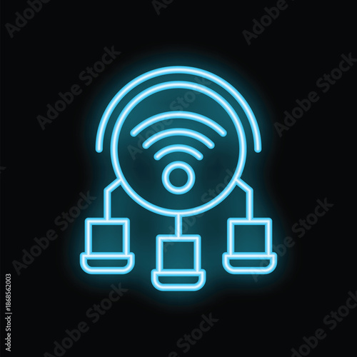 Blue neon icon of a wifi signal connecting multiple devices on a black background