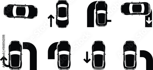 Car movement icon vector set, black top-down illustrations, directional driving maneuvers, turn and reverse symbols, navigation graphics, isolated