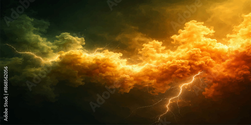 Dramatic sunset clouds collide with a fiery explosion of fire and smoke against a dark storm sky