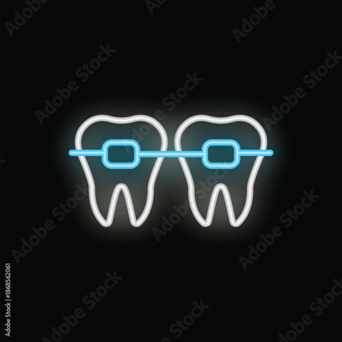 Blue and white neon icon of teeth wearing braces on a black background illustrating a dental care concept